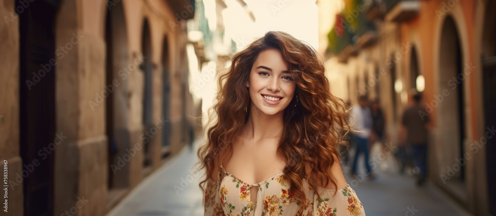 A happy woman with long curly brown hair is strolling down a city road, wearing eyewear and a formal wear, with a smile in her eyes, possibly headed to a special event or just enjoying the travel
