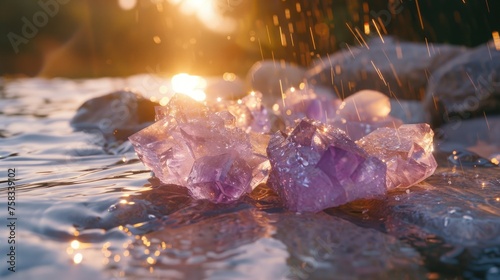 Sunlight illuminates amethyst and rose quartz in water on stone, highlighting their natural purity.
