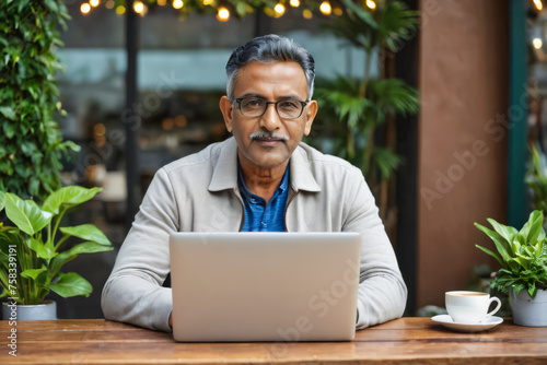 Portrait of senior Indian man with eyeglasses and gray hair using laptop on wooden table at coffee shop, middle aged Indian teacher or manager checking email, working online, running business remotely