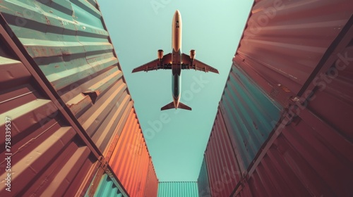 Fototapeta Naklejka Na Ścianę i Meble -  Cargo plane flying above truck shipping container in sunset. Global logistics, transportation, import-export and shipping business concept. Freight delivery by air and road. Banner with copy space