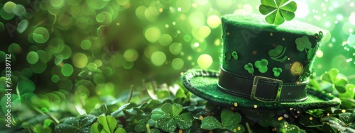 Green shamrock lucky top hat as St Patrick's day symbol and luck icon of Irish tradition with magical four leaf clover. Leprechaun cap. Celebration concept, Background, card, banner with copy space