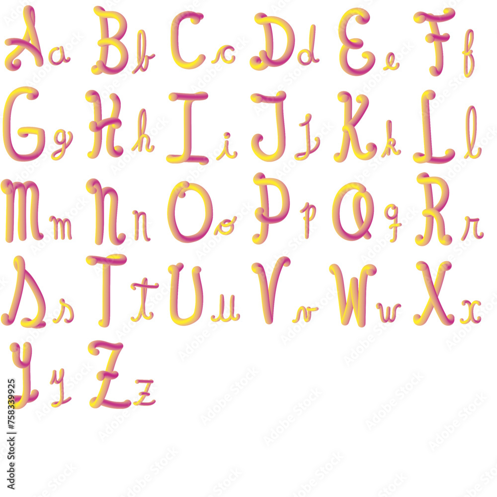 Ilustración de abecedario con efecto arcoíris. Archivo modificable e incluye letras en mayúscula y minúscula en estilo cursiva.