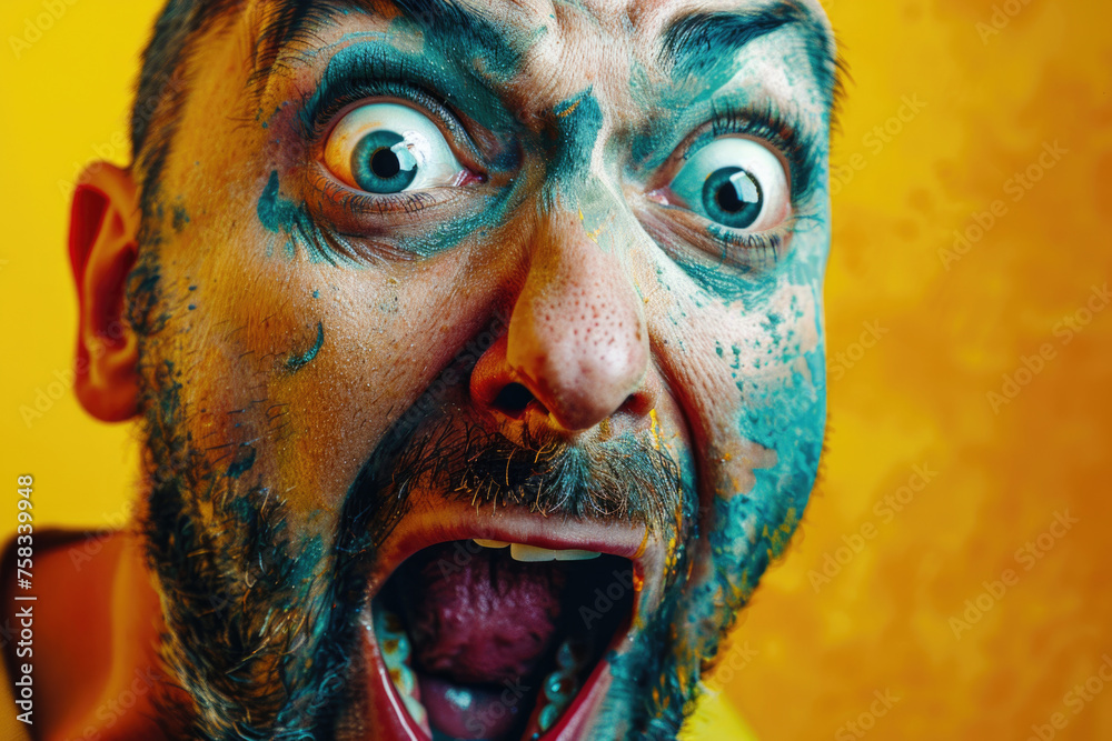 A man with blue paint on his face. Suitable for artistic projects