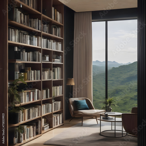 Book Shelf near a Large window wtih the view of jungle