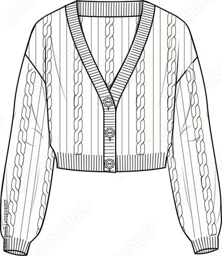 Women's Cable Cropped Cardigan. Technical fashion illustration. Front, white color. Women's CAD mock-up.