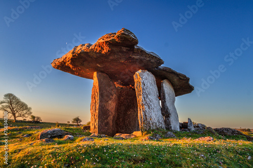 Poulnabrone portal tomb in Burren at sunrise, Ireland