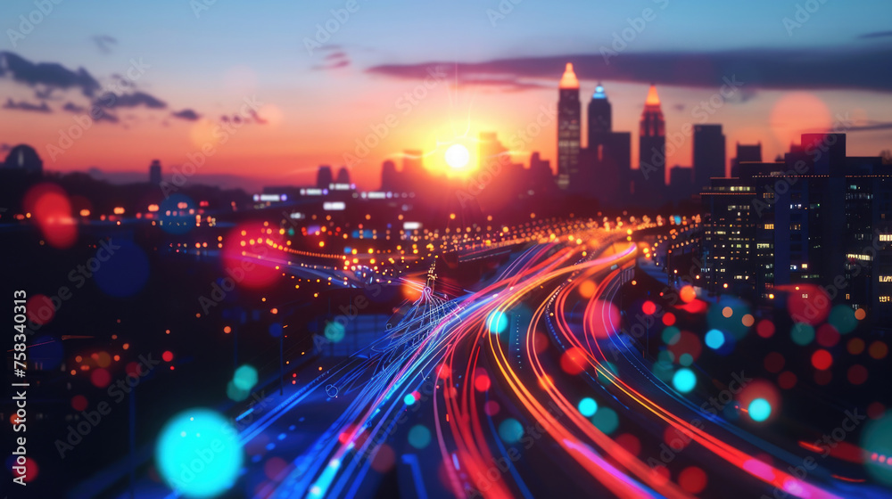 Fototapeta premium A cityscape at night with vibrant traffic lights. Perfect for urban concepts