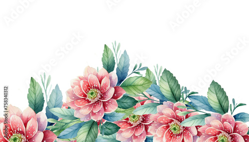 watercolor flower corner border cut out, png red flower with greeny leaves