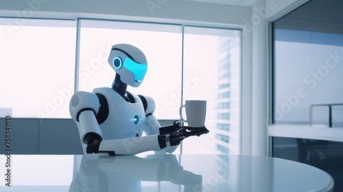 robot with mug in hospital brings coffee to patients in hospital room. Concept of technology, automation, patient care, medical care, innovation.