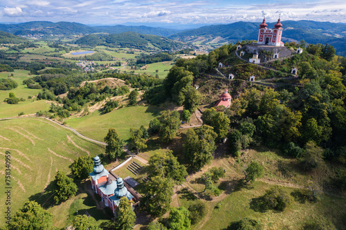 Kalvária Banská Štiavnica from above during summer in Slovakia