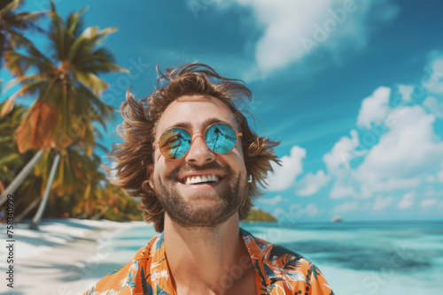 A man wearing a colorful Hawaiian shirt and sunglasses enjoying the beach. Suitable for travel and vacation themes photo