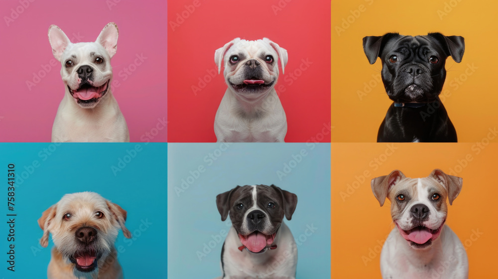 A group of dogs sitting in front of a vibrant, colorful background. Perfect for pet-related designs or animal lovers A group of dogs sitting in front of a vibrant, colorful background. Perfect for pet-related designs or animal lovers