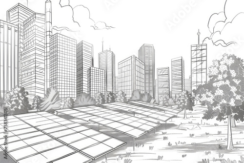 Detailed drawing of a bustling city with tall buildings, suitable for architectural projects