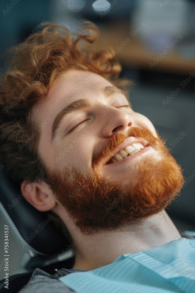 Fototapeta premium A man with a beard smiling while sitting in a chair. Suitable for lifestyle and casual concepts