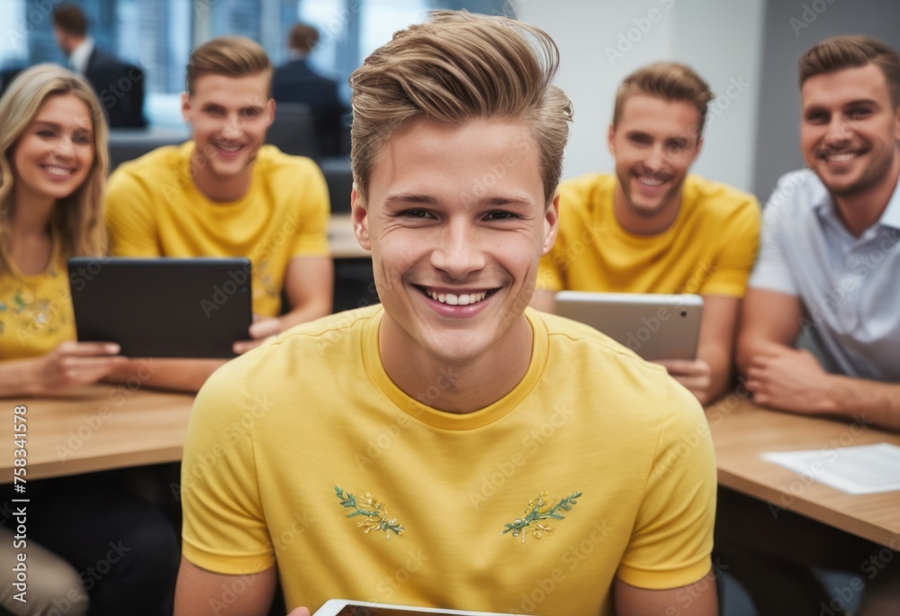 Group of cheerful young adults in a meeting. Wearing yellow and using laptops. Group of cheerful young adults in a meeting. Wearing yellow and using laptops.
