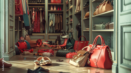 cabina armadio di lusso piena di borse e scarpe firmate sparse sul pavimento. photo