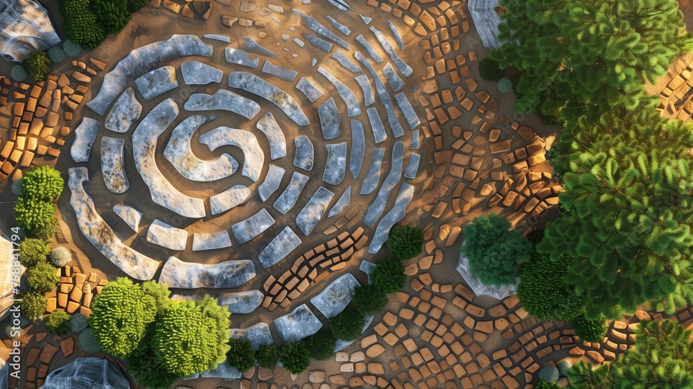 Aerial perspective of a labyrinth made of stone, surrounded by greenery