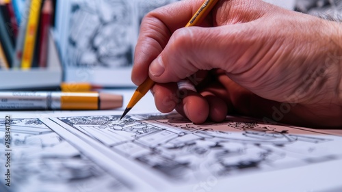 Close-up of artist's hand drawing a comic strip with pencils photo