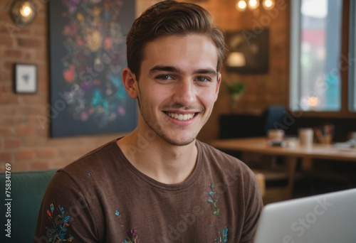 Young man smiling at camera in a cozy cafe setting.