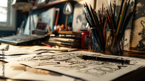 Concept art sketches spread out on a desk filled with drawing tools