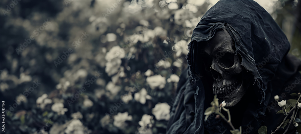 grim reaper hiding in a field of white flowers with copy space