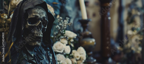 skull effigy in a church with flowers and candles with copy space photo
