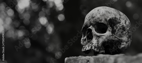 black and white portrait of a human skull with copy space