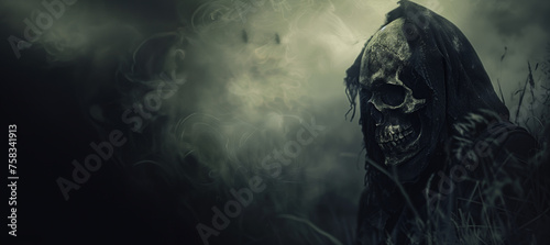 portrait of the grim reaper over a dark background with copy space
