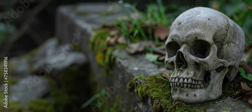 skull resting on a moss covered ruin with copy space 