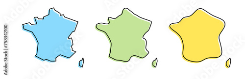 France country black outline and colored country silhouettes in three different levels of smoothness. Simplified maps. Vector icons isolated on white background.