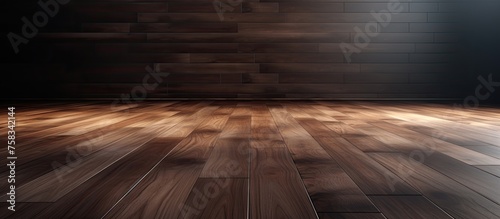 A dimly lit room featuring a brown hardwood floor made of wooden planks with a brick wall. The wood stain enhances the natural beauty of the flooring © AkuAku