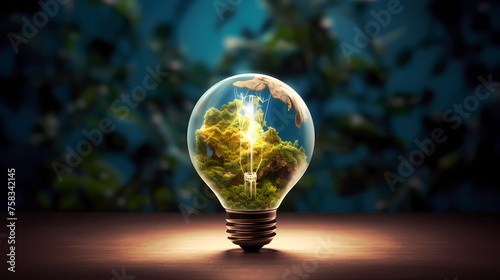 There are green trees inside the light bulb. Light bulbs with green plants inside represent energy saving efficiency.