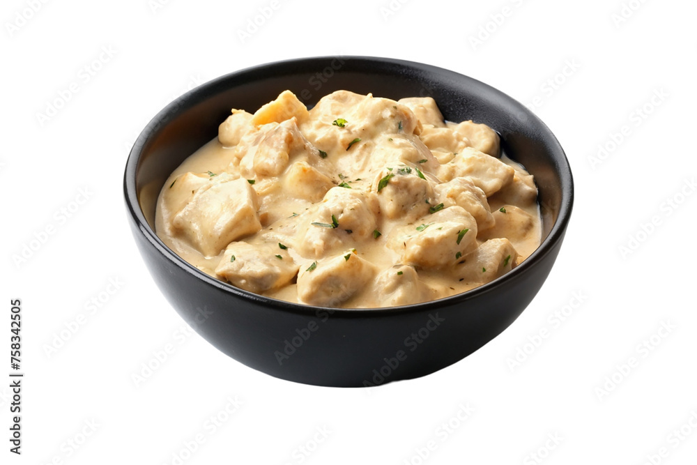 Creamy chicken in a black bowl isolated on transparent background. Creamy chicken in a black bowl isolated on transparent background.