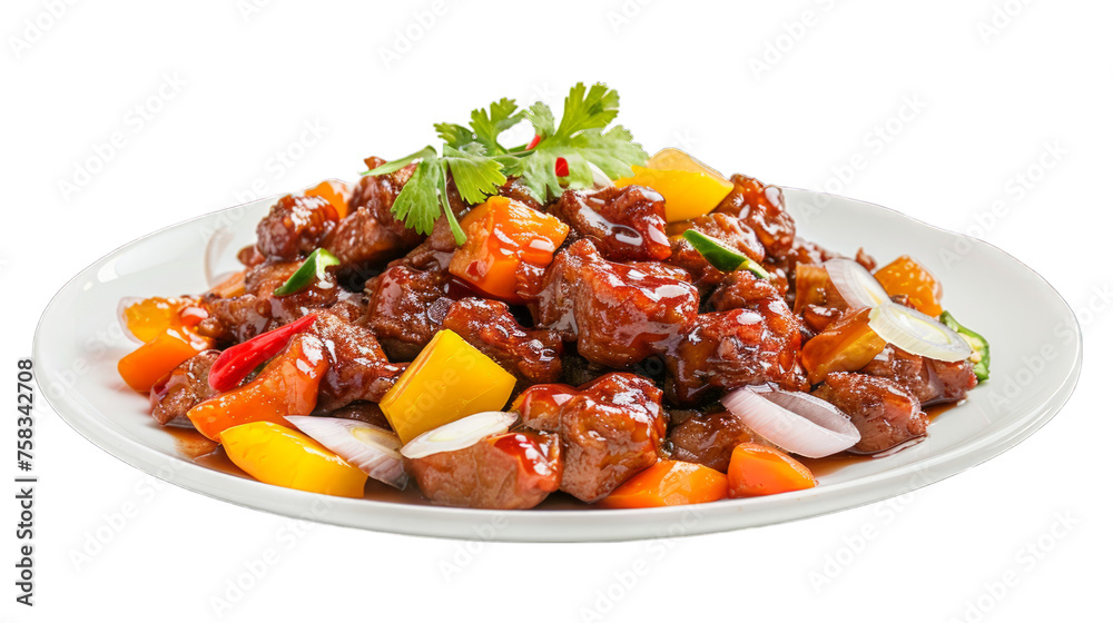 Sweet and Sour Pork on a plate isolated on transparent png background. Generative ai Sweet and Sour Pork on a plate isolated on transparent png background. Generative ai