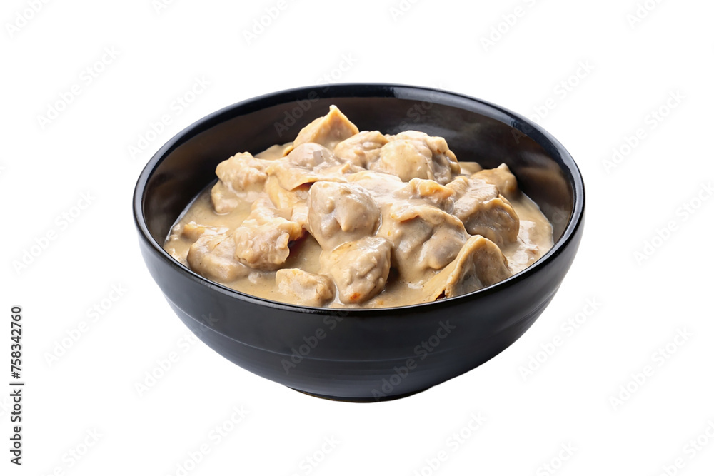 Creamy chicken in a black bowl isolated on transparent background. Creamy chicken in a black bowl isolated on transparent background.