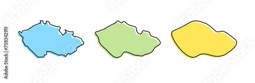 Czech Republic country black outline and colored country silhouettes in three different levels of smoothness. Simplified maps. Vector icons isolated on white background.