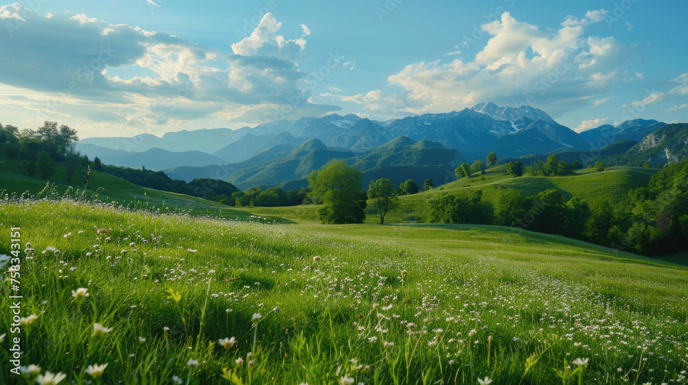 Scenic view of a green field with white flowers and mountains in the background. Ideal for nature and landscape concepts