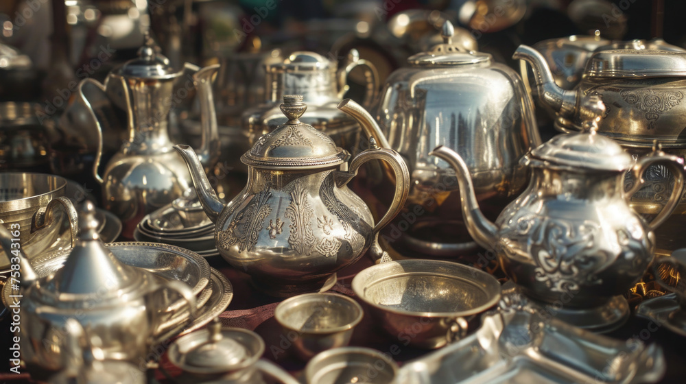 Elegant silver tea pots and cups on a table, perfect for tea party invitations Elegant silver tea pots and cups on a table, perfect for tea party invitations