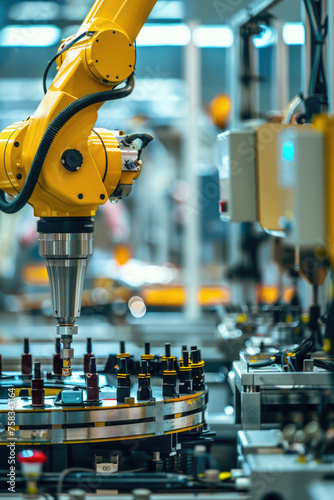 Robotic arm working on a machine in a factory, suitable for industrial concepts