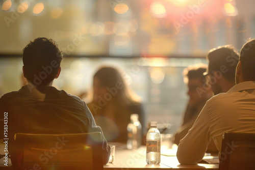 A group of people sitting together at a table in a restaurant. Suitable for food and beverage industry promotions