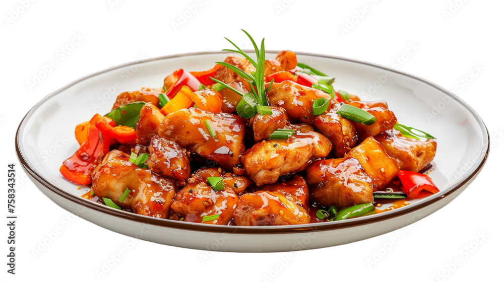 Teriyaki Chicken Stir-Fry on a plate isolated on transparent png background. Generative ai Teriyaki Chicken Stir-Fry on a plate isolated on transparent png background. Generative ai