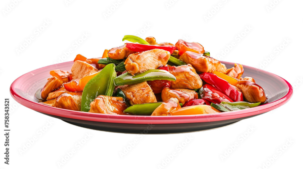 Teriyaki Chicken Stir-Fry on a plate isolated on transparent png background. Generative ai Teriyaki Chicken Stir-Fry on a plate isolated on transparent png background. Generative ai