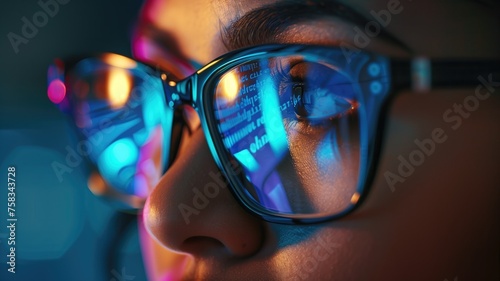 Close-up of eyes with stock market reflection in glasses