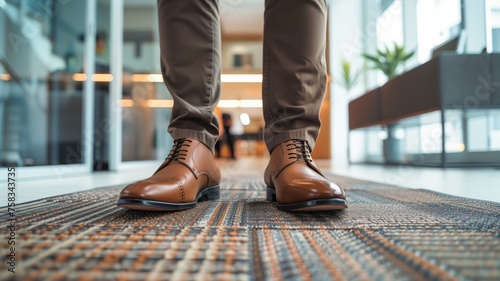 Professional brown leather shoes walking on an office carpet, business concept