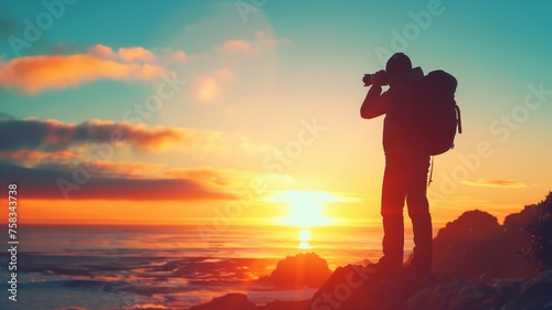 Silhouetted photographer capturing sunset over rocky shoreline