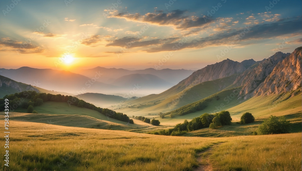 Mountains in the distance with a bright yellow sunset and rolling green hills in the foreground.