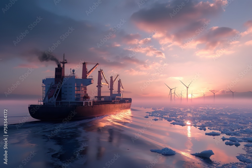 A cargo ship sails through icy waters at sunset, with wind turbines standing tall in the background, symbolizing a journey towards sustainable energy.