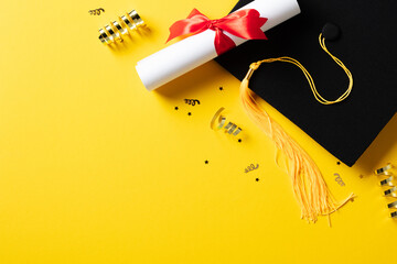 Flat lay composition with graduation hat, students diploma, gold tinsel on yellow background. Graduation party concept.