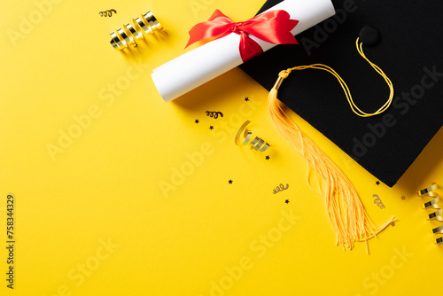 Flat lay composition with graduation hat, students diploma, gold tinsel on yellow background. Graduation party concept.