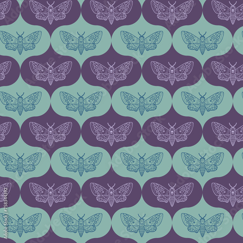 Hawk moth death head butterfly seamless pattern. Perfect print for tee, poster, card, sticker, banner. Doodle illustration.